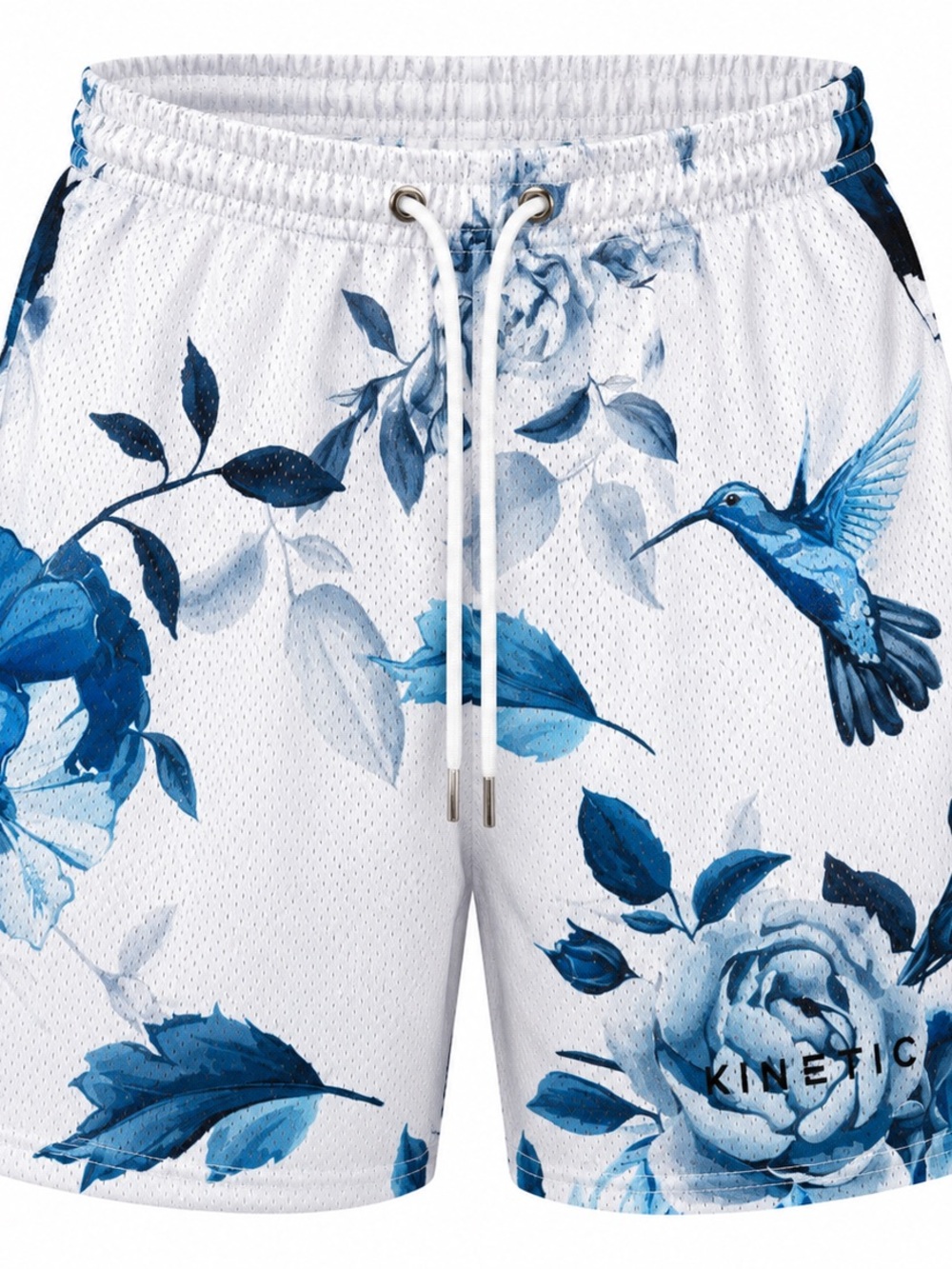 Kinetic Men's Athletic Drawstring Shorts in White and Blue Floral